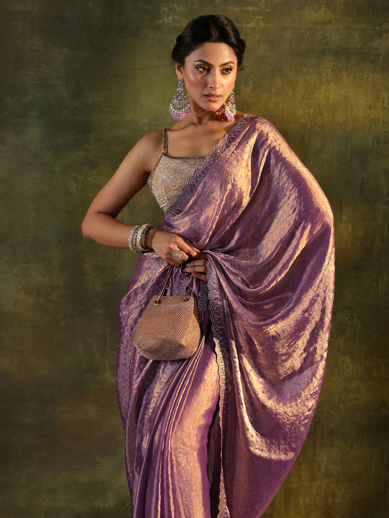 Libas Purple Embellished Tissue Saree With Unstitched Blouse Piece