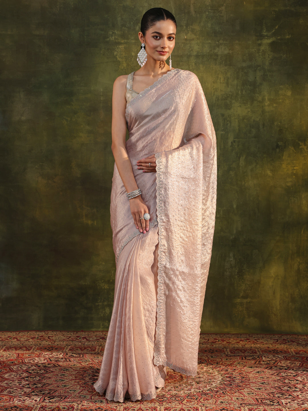  Ivory Embellished Tissue Saree With Unstitched Blouse Piece 