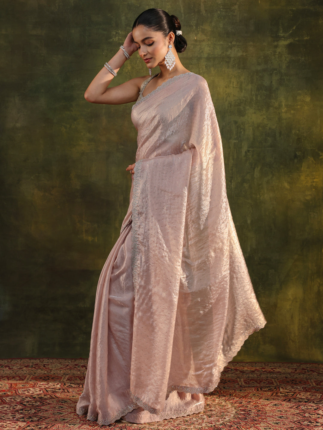  Ivory Embellished Tissue Saree With Unstitched Blouse Piece 