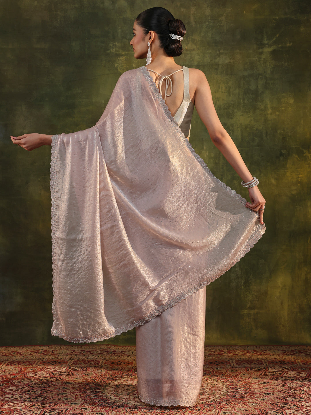  Ivory Embellished Tissue Saree With Unstitched Blouse Piece 
