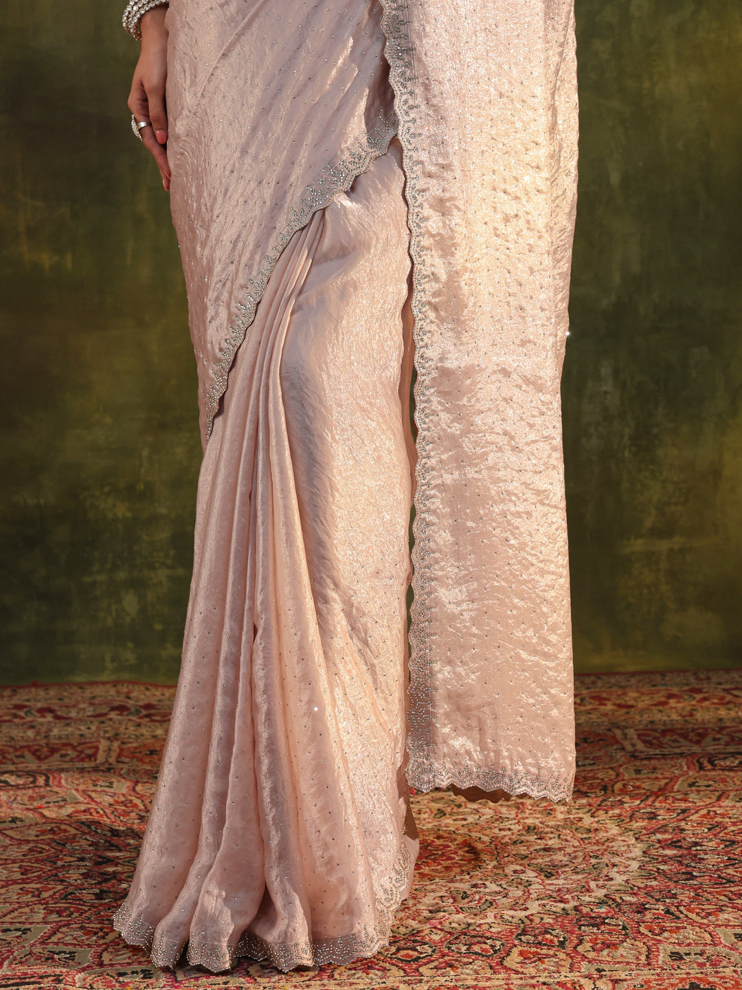  Ivory Embellished Tissue Saree With Unstitched Blouse Piece 