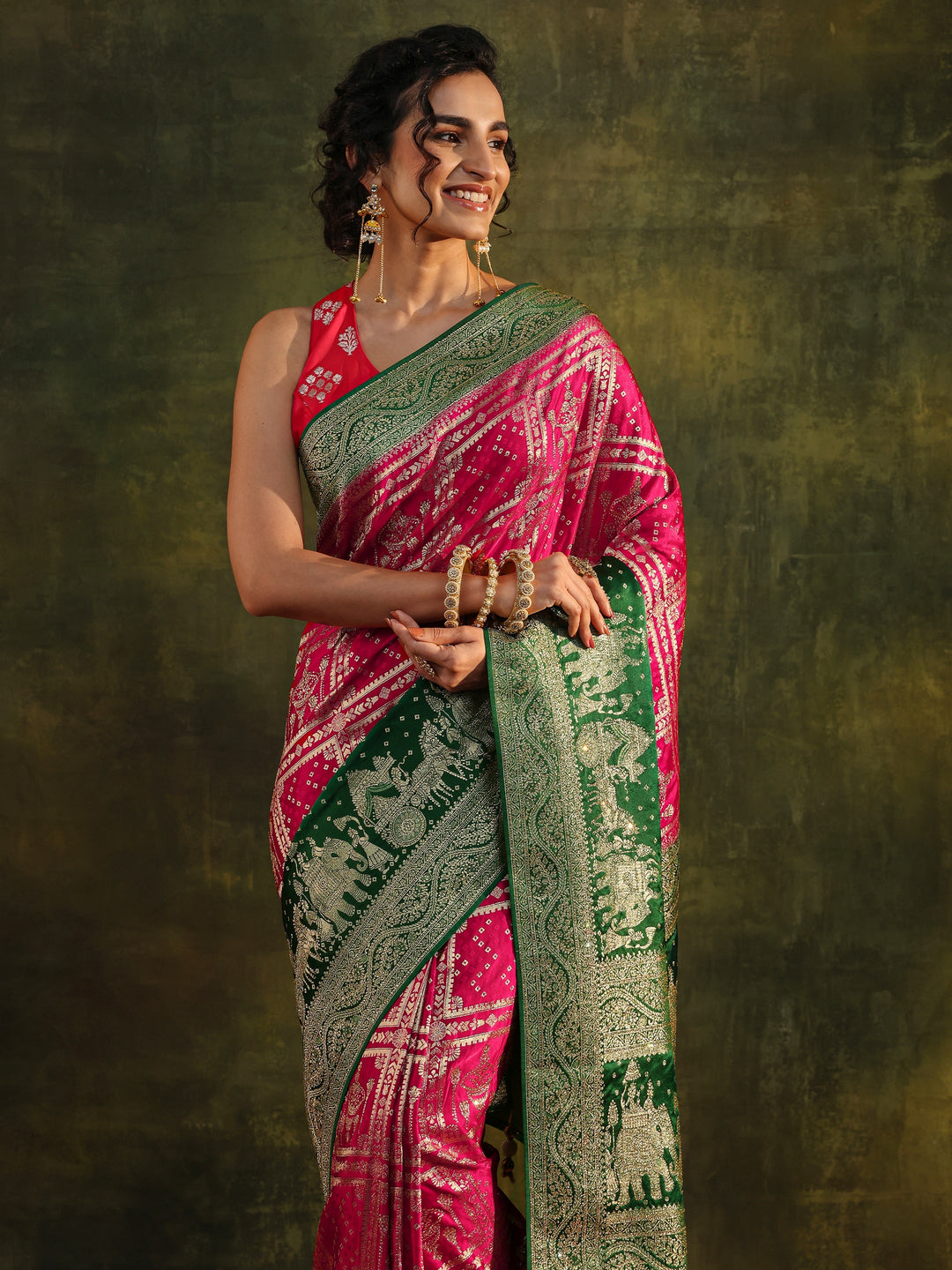  Libas Art Pink Ethnic Woven Design Satin Saree With Unstitched Blouse Piece 