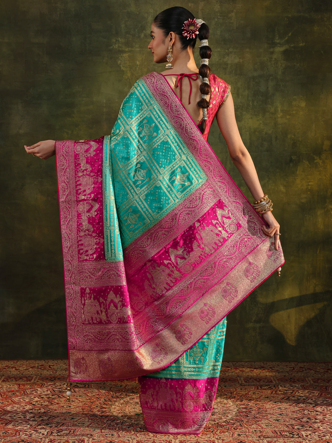  Libas Art Green Woven Design Satin Banarasi Saree With Unstitched Blouse Piece 