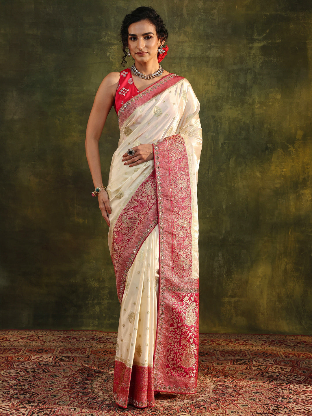  Libas Ivory Woven Design Satin Banarasi Saree With Unstitched Blouse Piece 