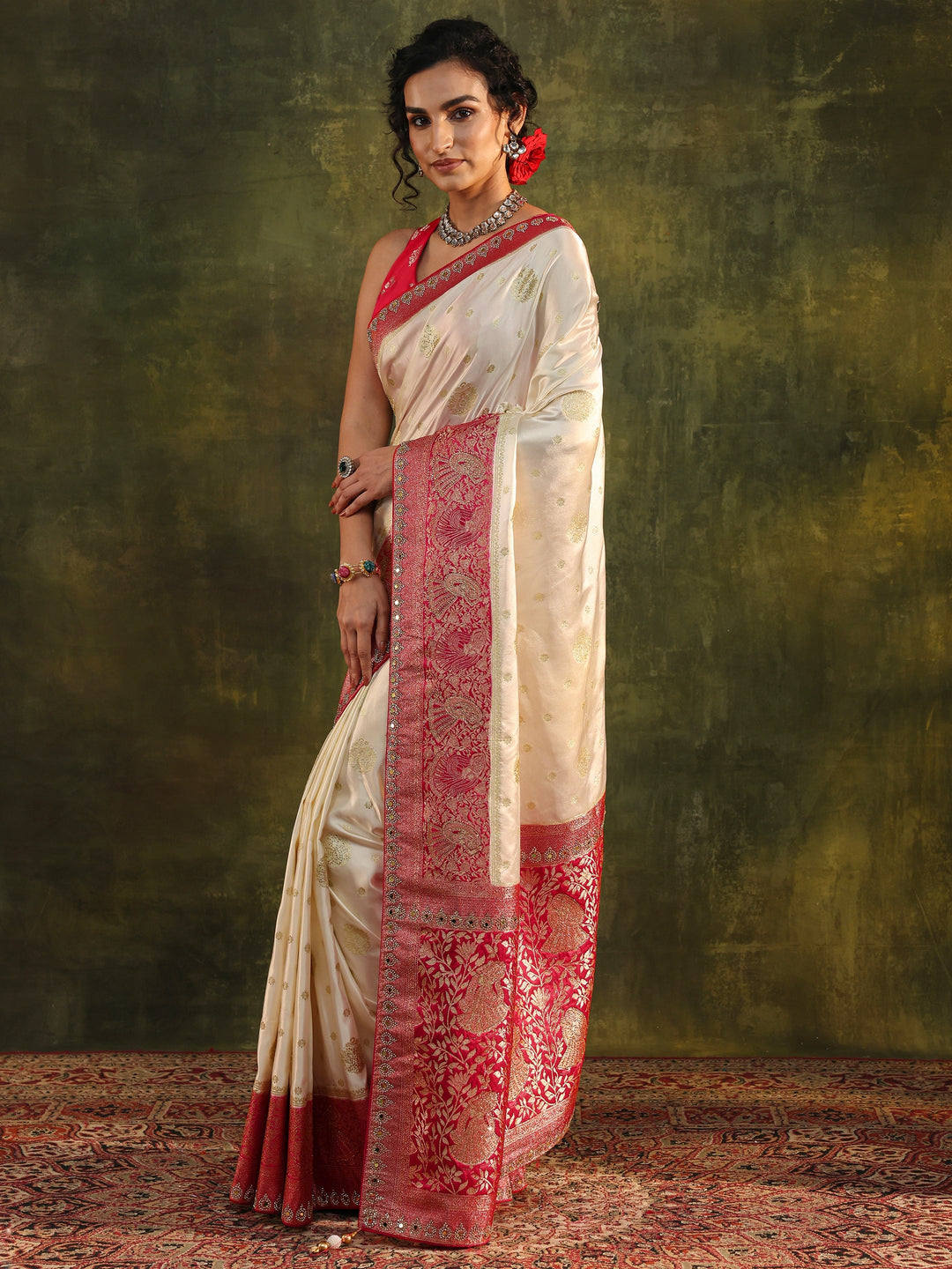  Ivory Woven Design Satin Banarasi Saree With Unstitched Blouse Piece 
