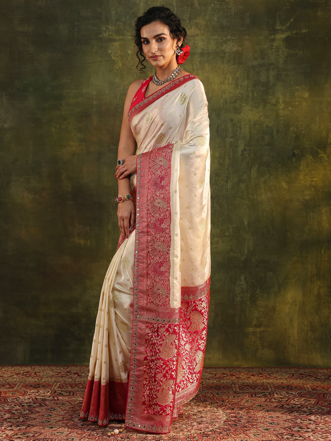  Libas Ivory Woven Design Satin Banarasi Saree With Unstitched Blouse Piece 
