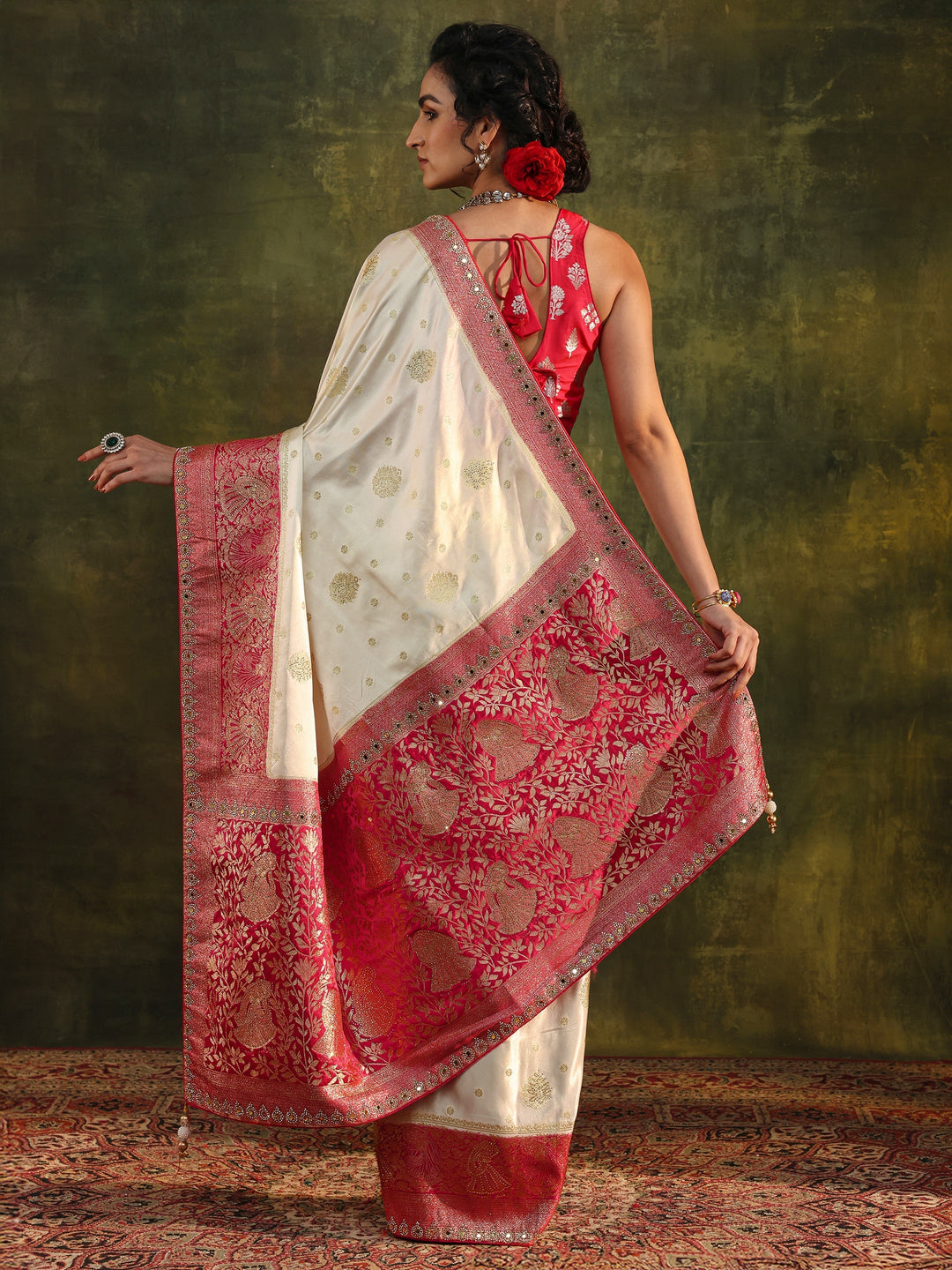  Libas Ivory Woven Design Satin Banarasi Saree With Unstitched Blouse Piece 