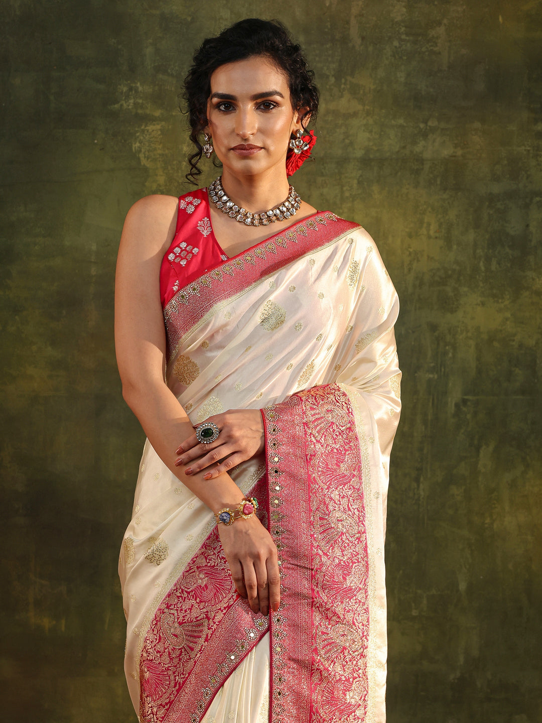  Libas Ivory Woven Design Satin Banarasi Saree With Unstitched Blouse Piece 