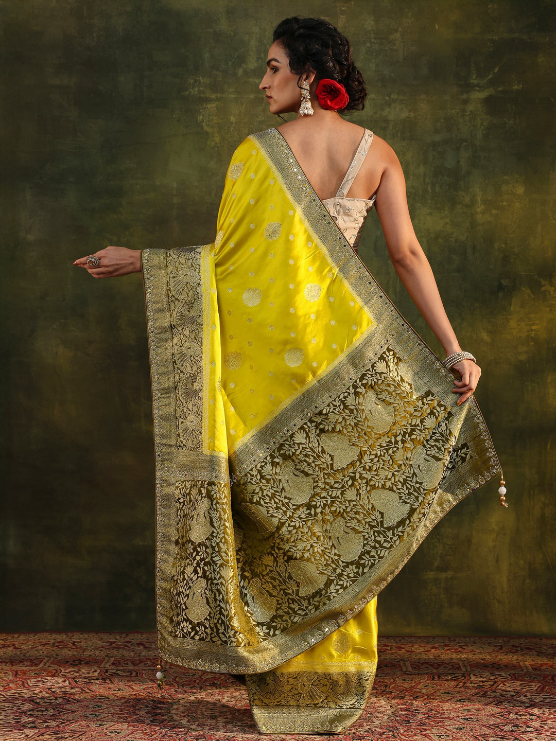  Libas Mustard Woven Design Satin Banarasi Saree With Unstitched Blouse Piece 