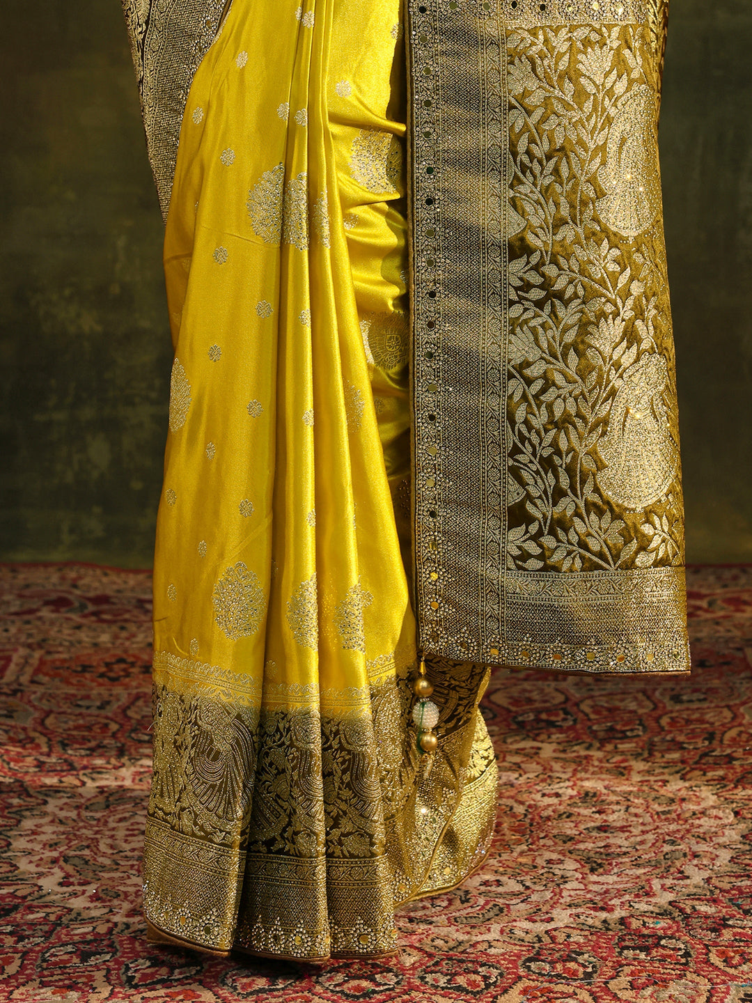  Libas Mustard Woven Design Satin Banarasi Saree With Unstitched Blouse Piece 