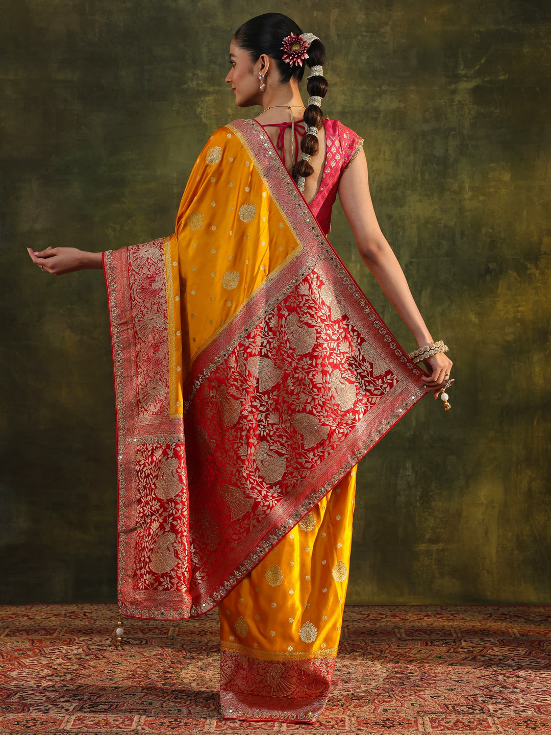  Libas Mustard Woven Design Satin Banarasi Saree With Unstitched Blouse Piece 