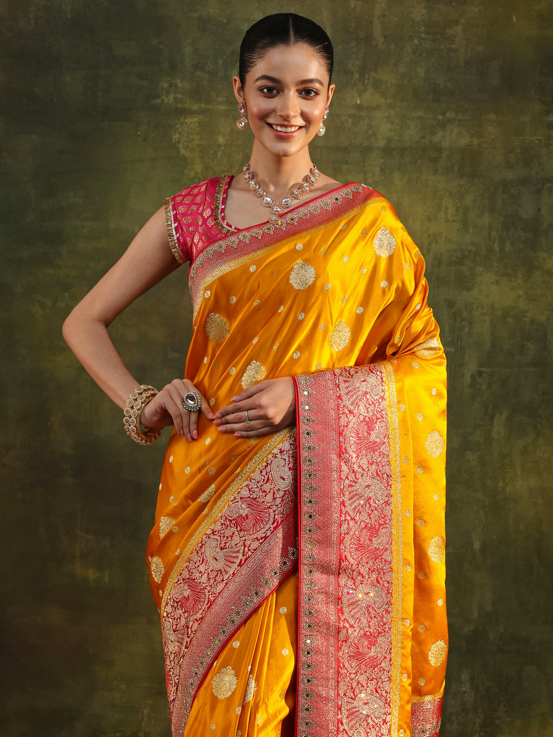  Mustard Woven Design Satin Banarasi Saree With Unstitched Blouse Piece 