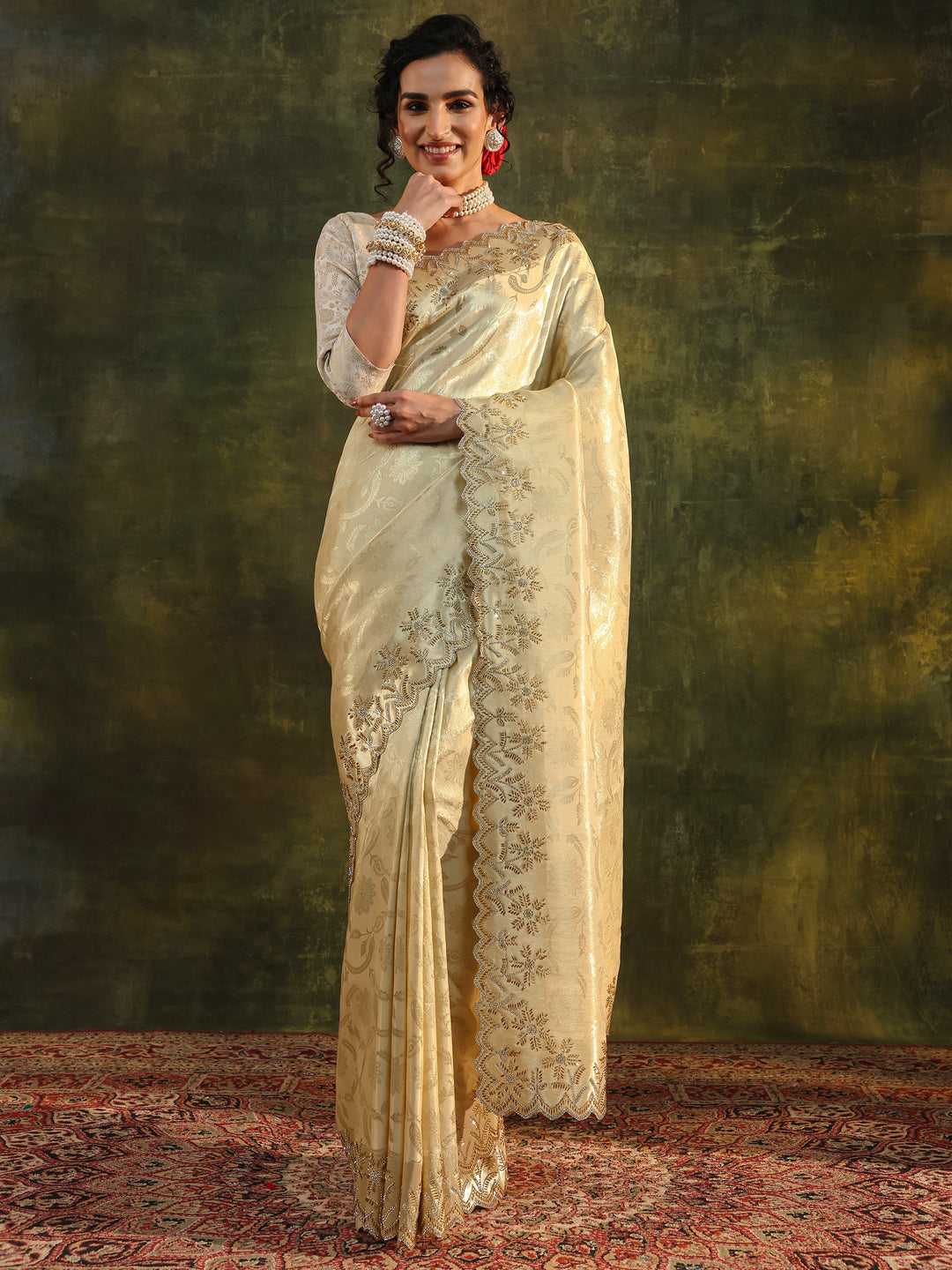  Gold Floral Embellished Silk Saree With Unstitched Blouse Piece 