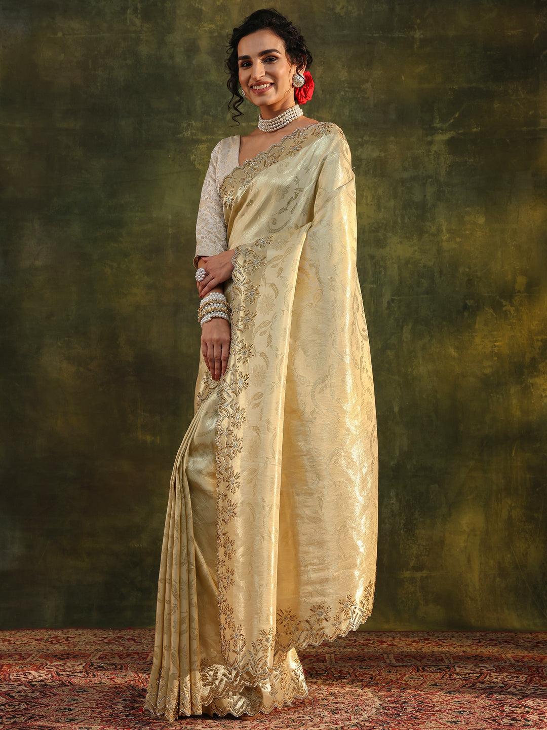  Gold Floral Embellished Silk Saree With Unstitched Blouse Piece 