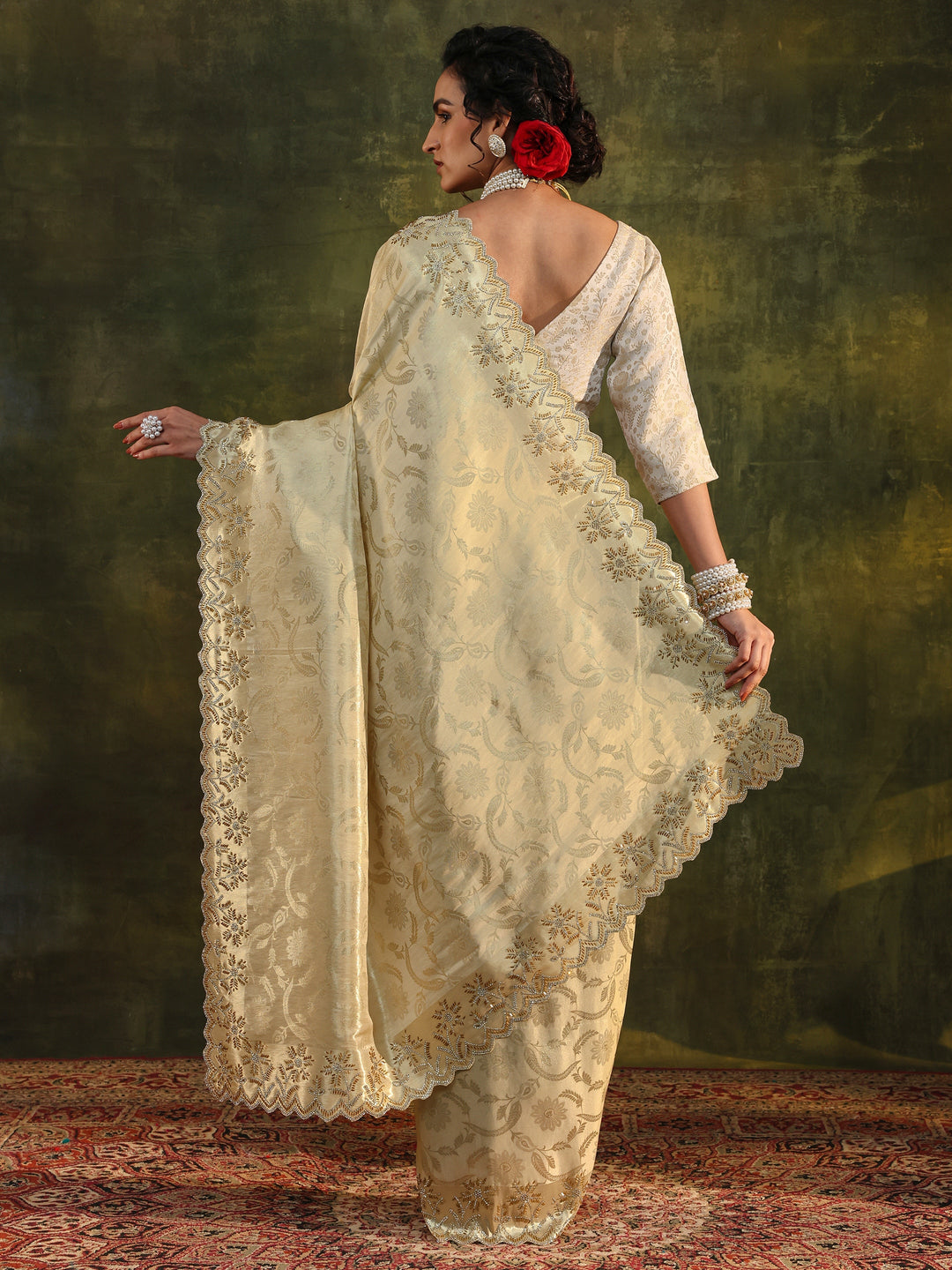  Gold Floral Embellished Silk Saree With Unstitched Blouse Piece 