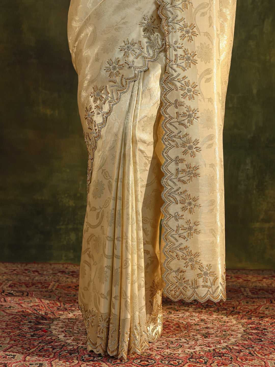  Gold Floral Embellished Silk Saree With Unstitched Blouse Piece 