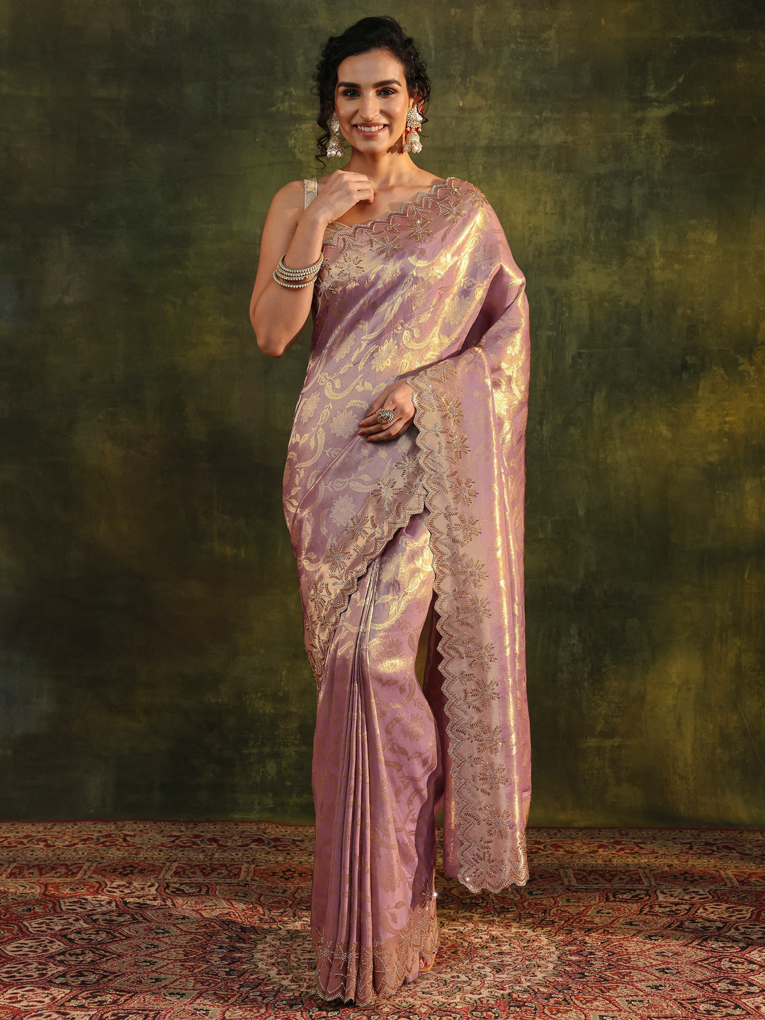  Libas Purple Floral Embellished Silk Saree With Unstitched Blouse Piece 