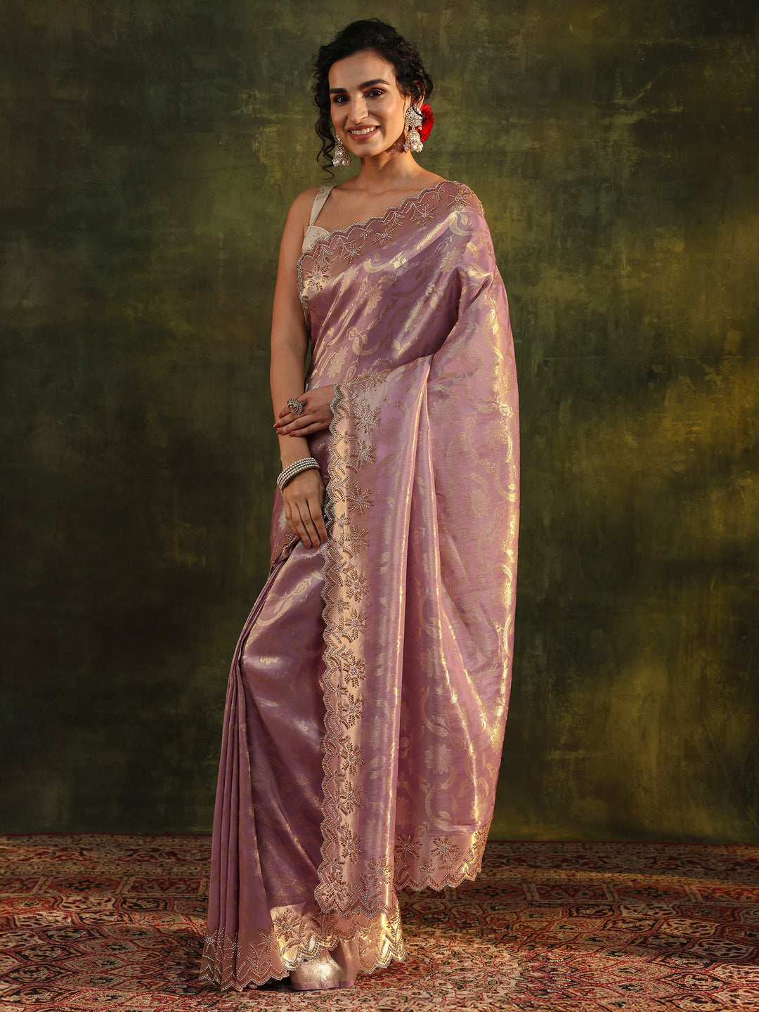  Libas Purple Floral Embellished Silk Saree With Unstitched Blouse Piece 