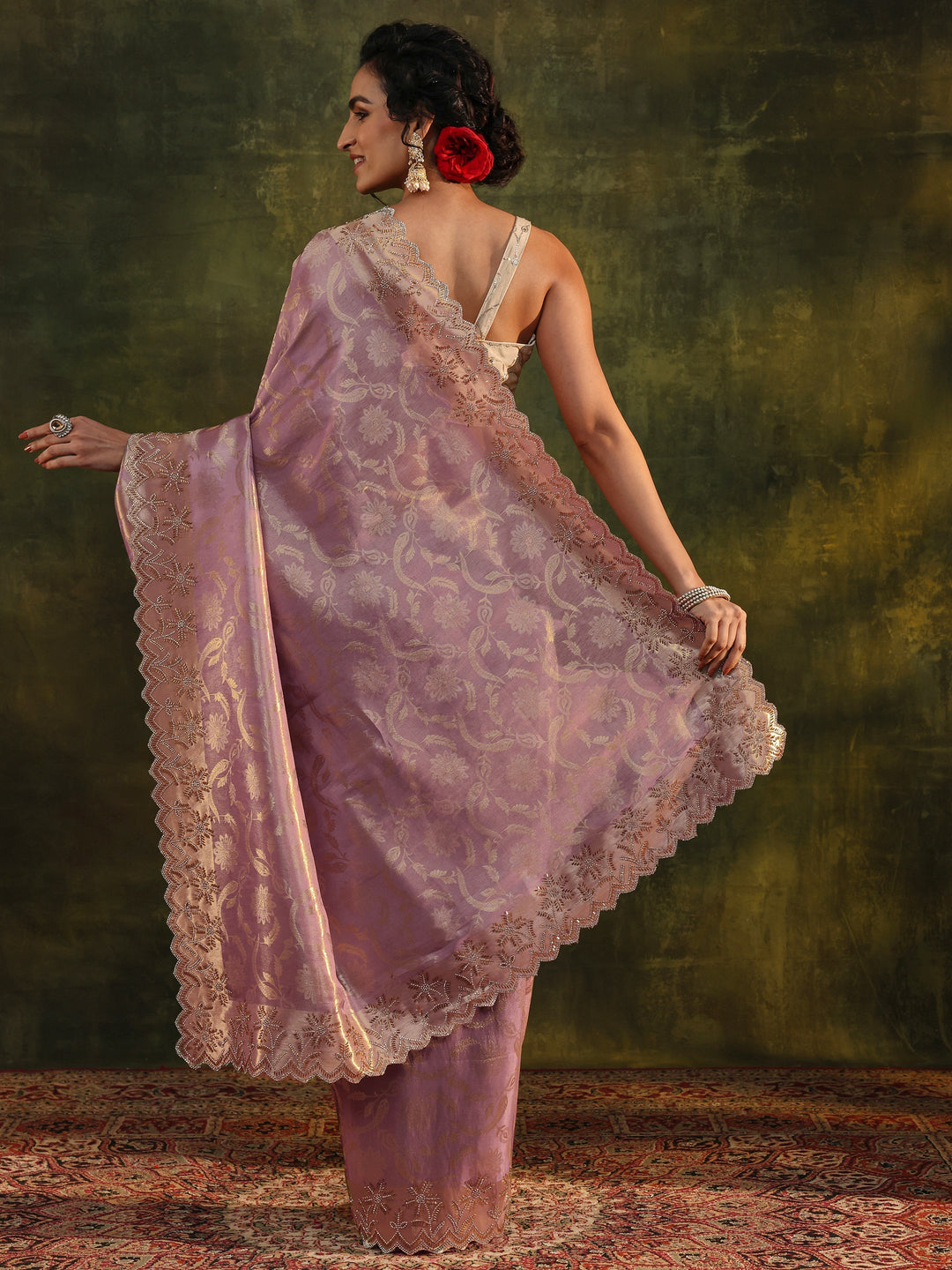  Libas Purple Floral Embellished Silk Saree With Unstitched Blouse Piece 
