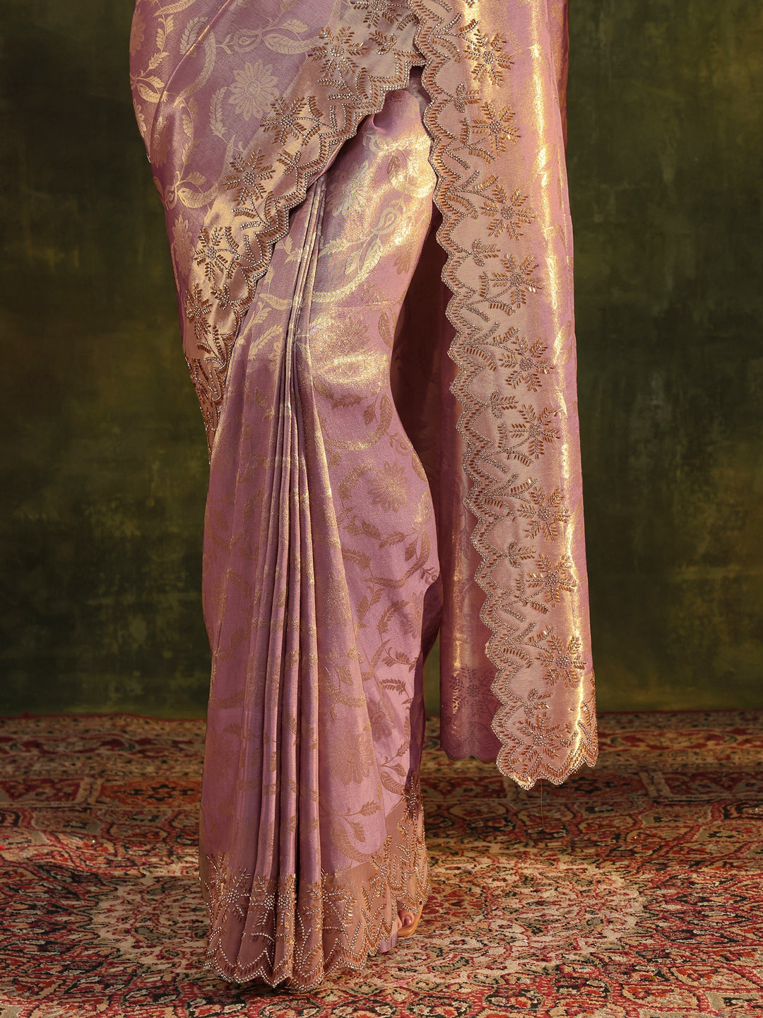  Libas Purple Floral Embellished Silk Saree With Unstitched Blouse Piece 