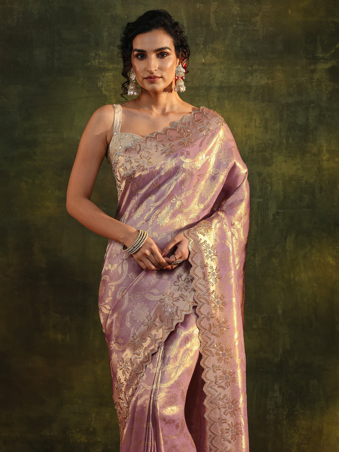  Libas Purple Floral Embellished Silk Saree With Unstitched Blouse Piece 