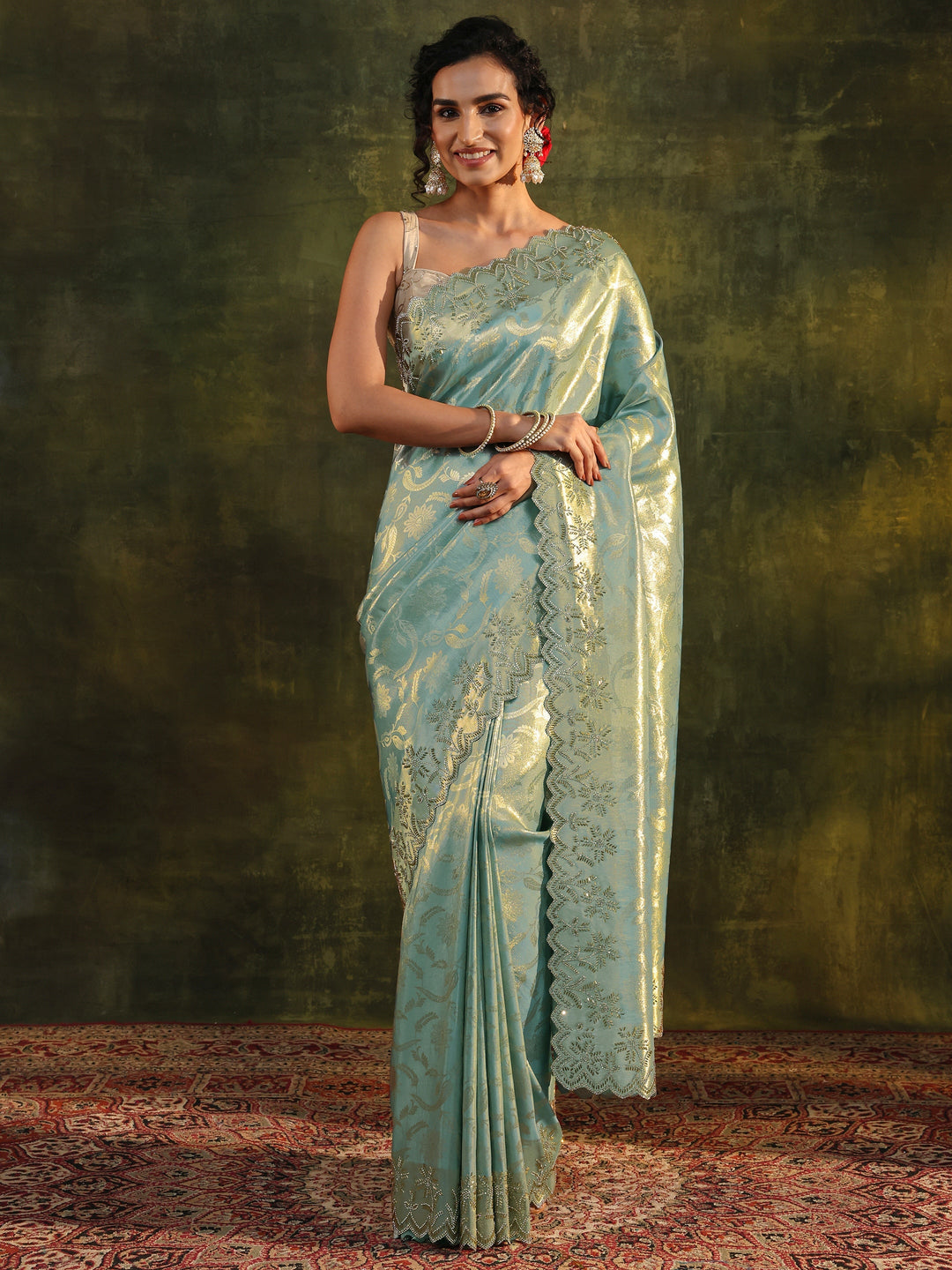  Libas Blue Floral Embellished Silk Saree With Unstitched Blouse Piece 