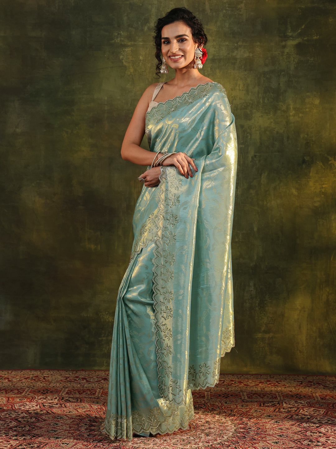  Libas Blue Floral Embellished Silk Saree With Unstitched Blouse Piece 