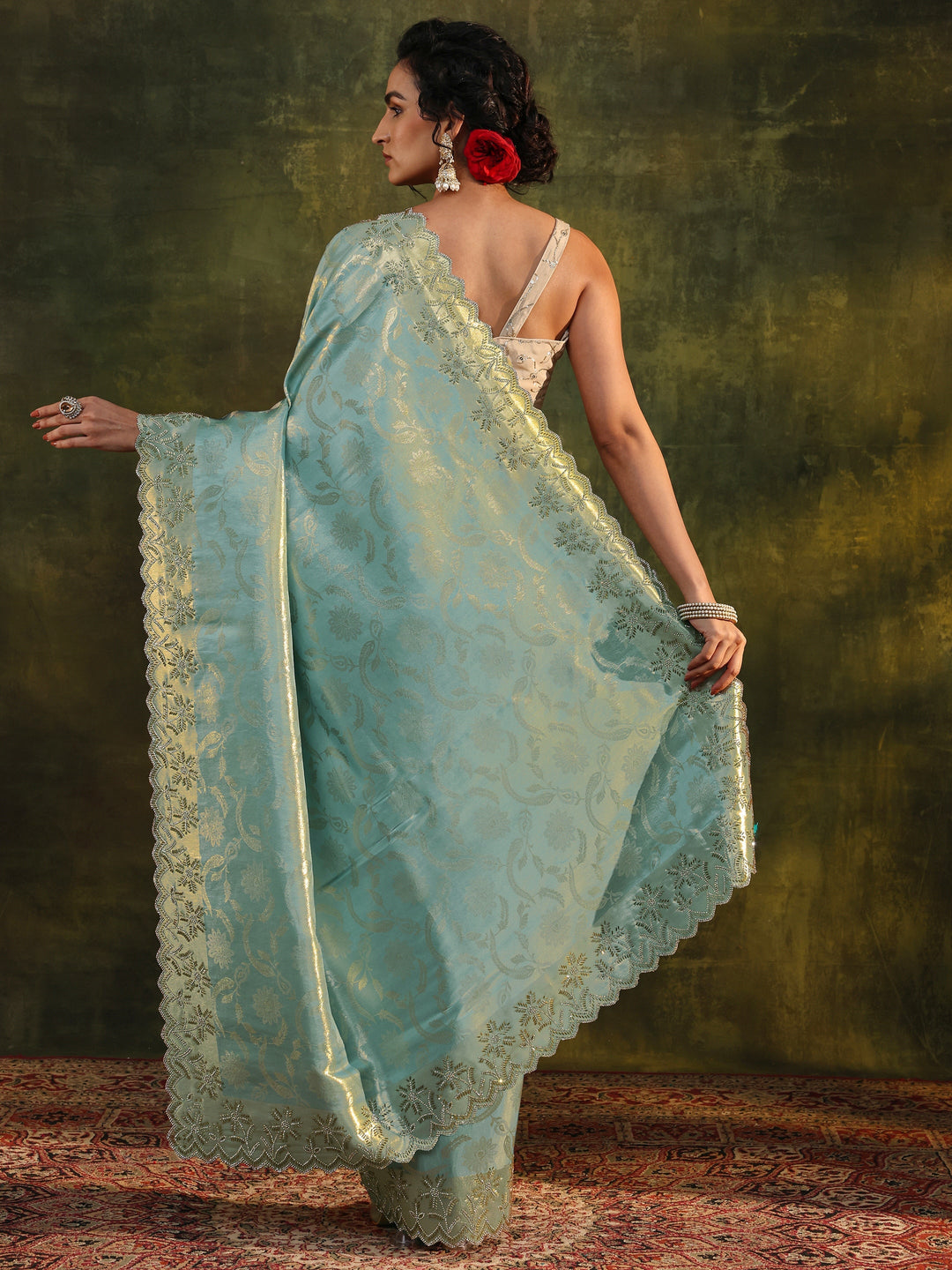  Libas Blue Floral Embellished Silk Saree With Unstitched Blouse Piece 