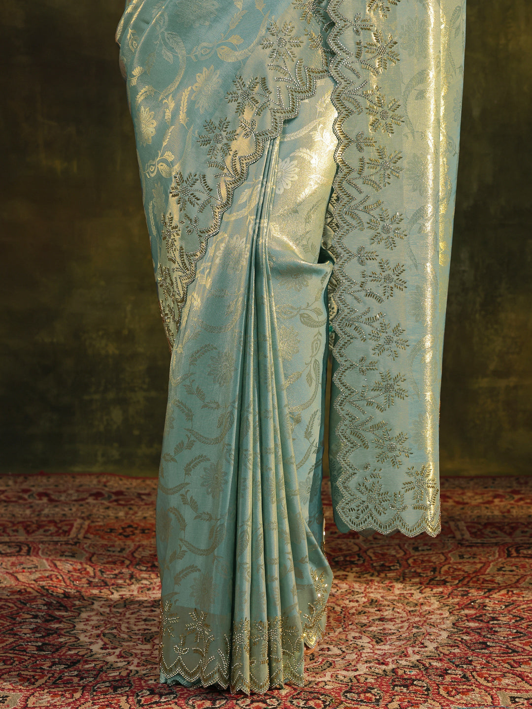  Libas Blue Floral Embellished Silk Saree With Unstitched Blouse Piece 