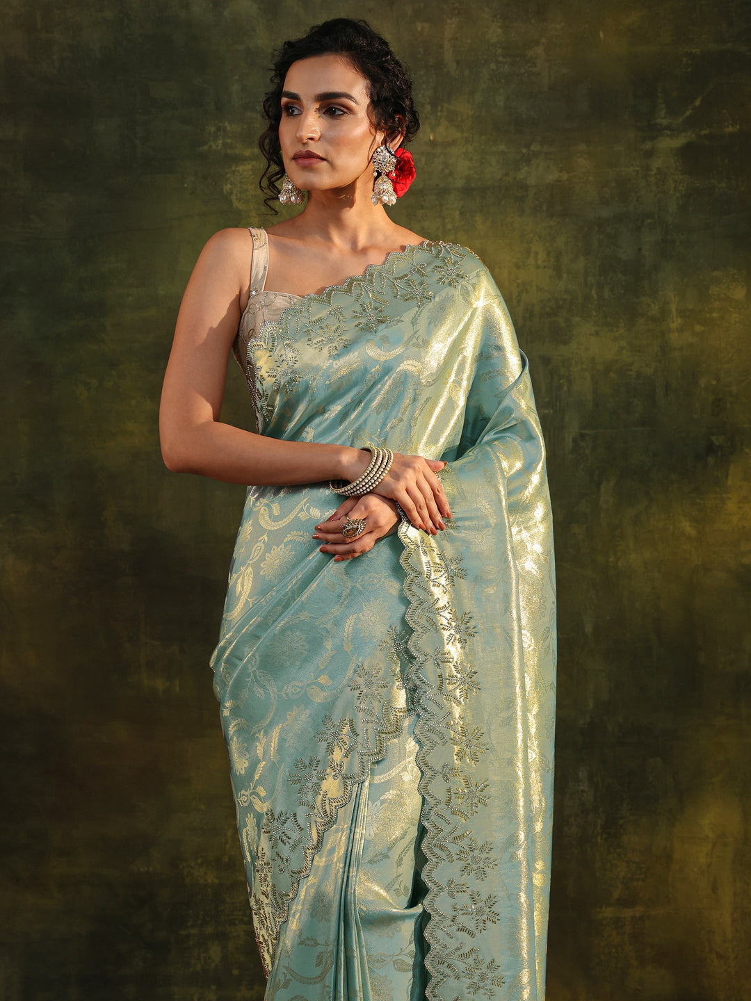  Libas Blue Floral Embellished Silk Saree With Unstitched Blouse Piece 