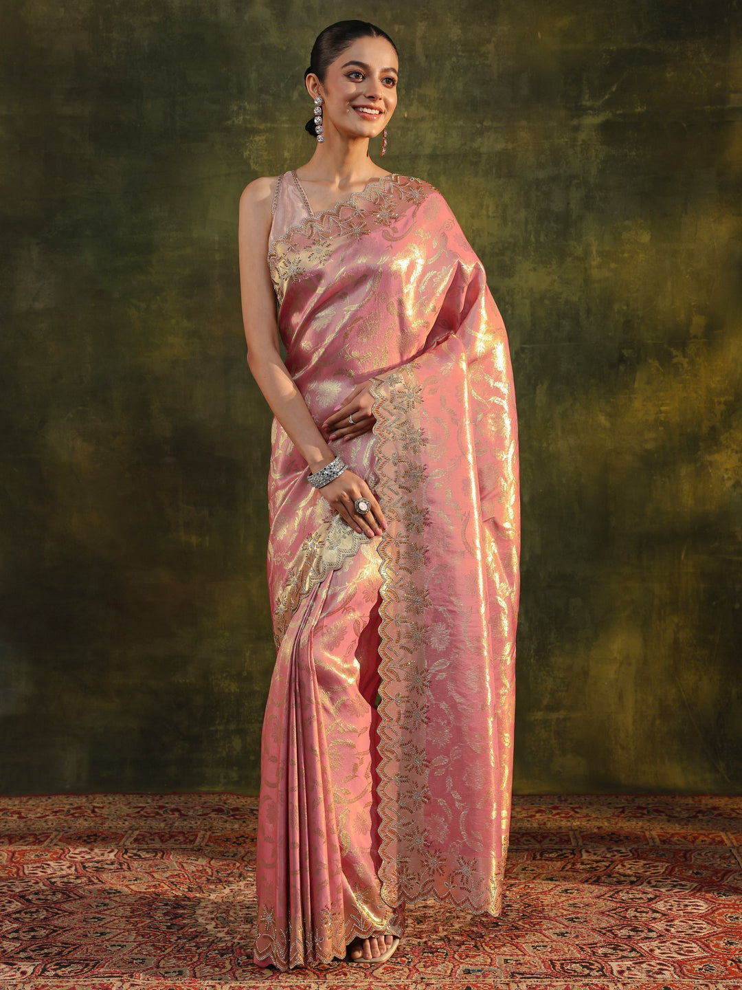  Libas Peach Woven Design Silk Banarasi Saree With Unstitched Blouse Piece 
