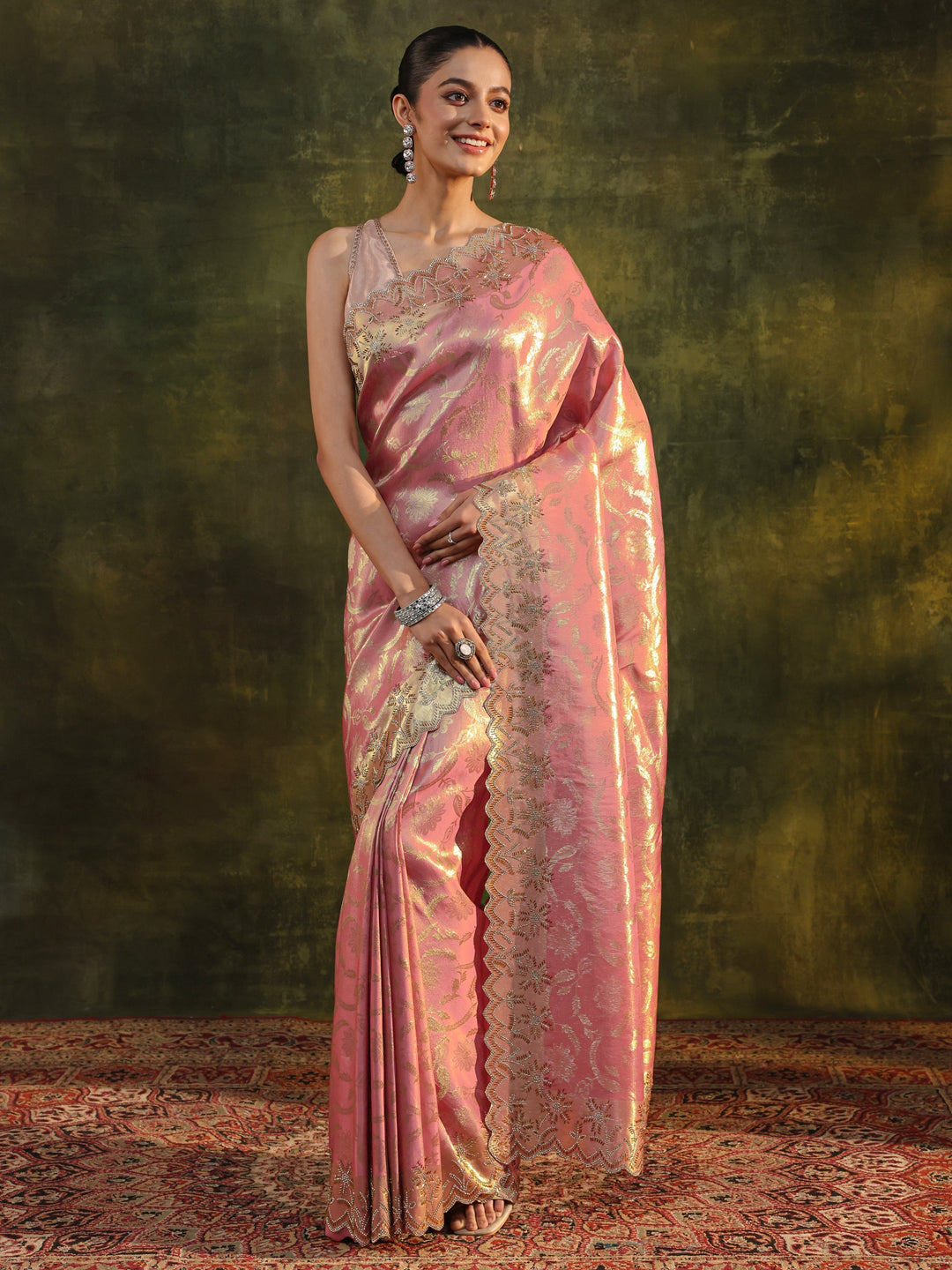  Peach Woven Design Silk Banarasi Saree With Unstitched Blouse Piece 