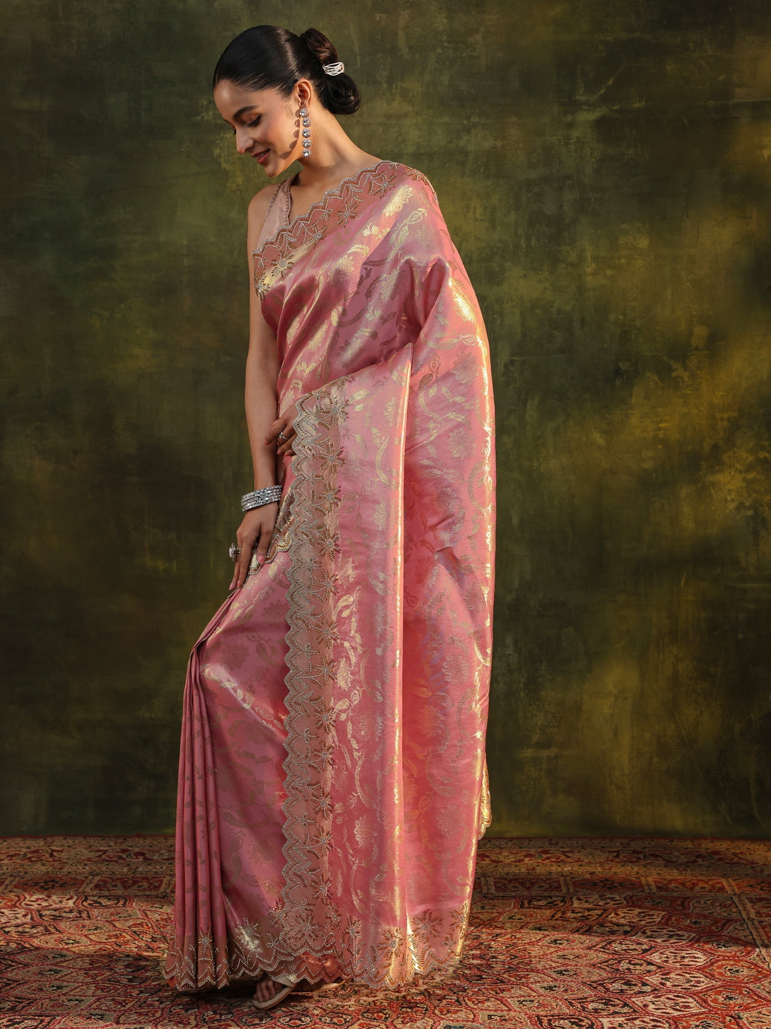  Libas Peach Woven Design Silk Banarasi Saree With Unstitched Blouse Piece 