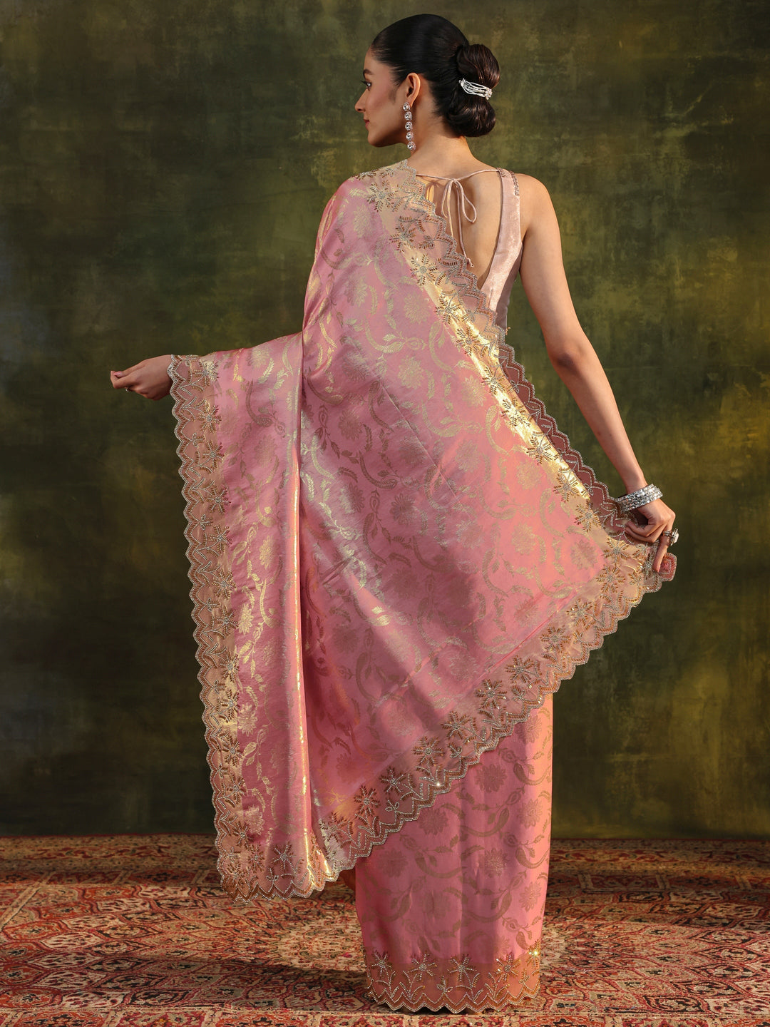  Libas Peach Woven Design Silk Banarasi Saree With Unstitched Blouse Piece 