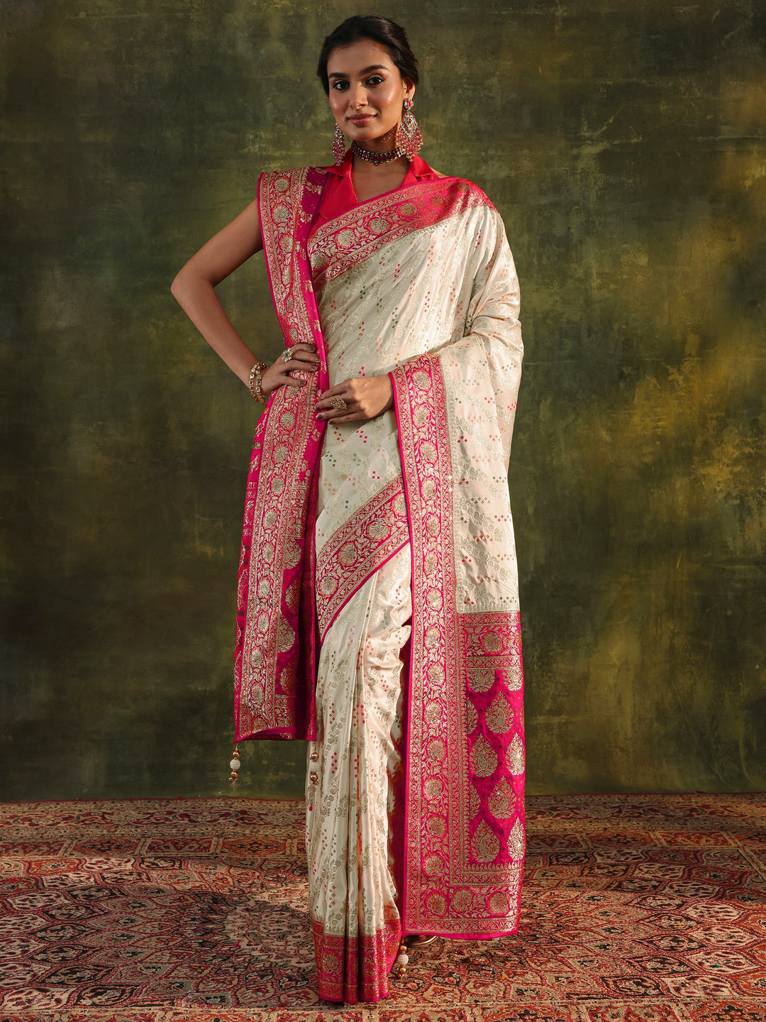  Libas Art Ivory Gharchola Satin Saree With Unstitched Blouse Piece 