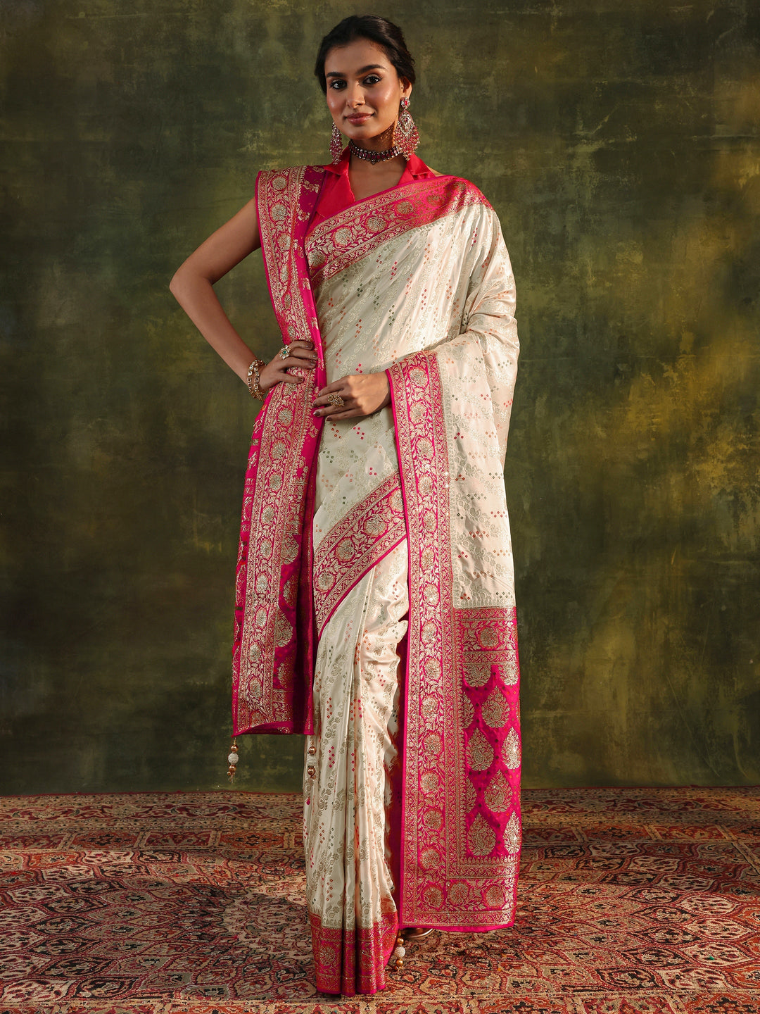  Libas Art Ivory Gharchola Satin Saree With Unstitched Blouse Piece 
