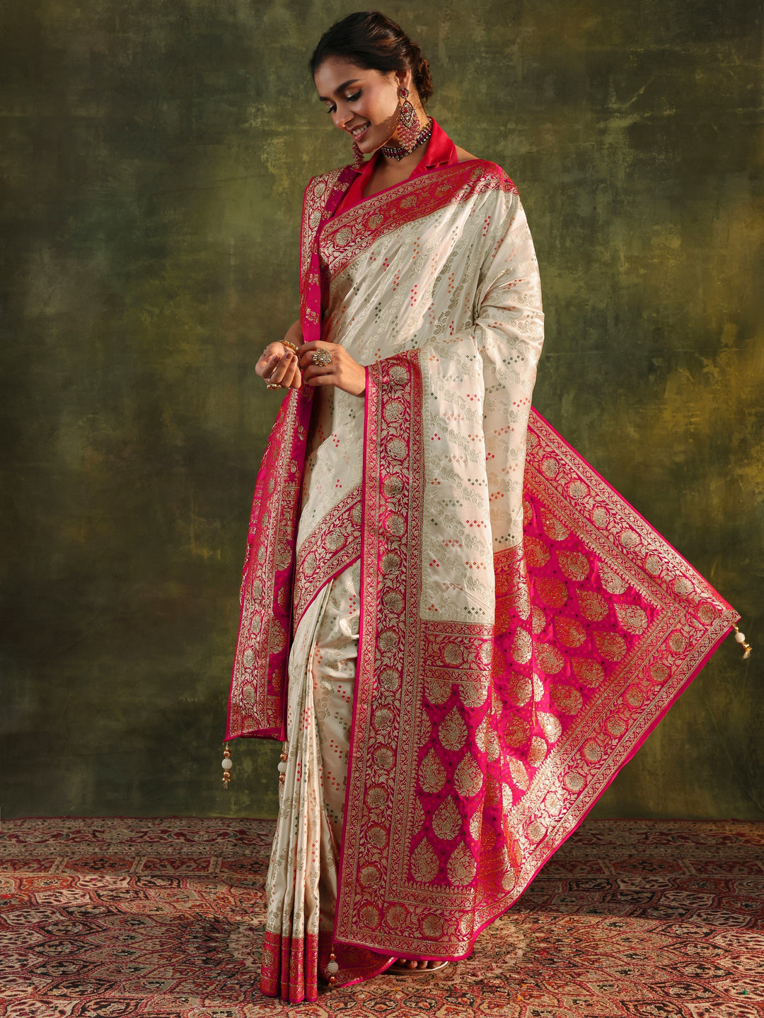  Libas Art Ivory Gharchola Satin Saree With Unstitched Blouse Piece 