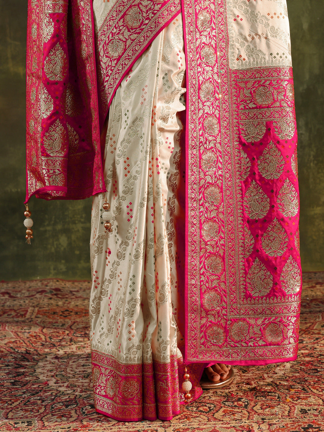  Libas Art Ivory Gharchola Satin Saree With Unstitched Blouse Piece 