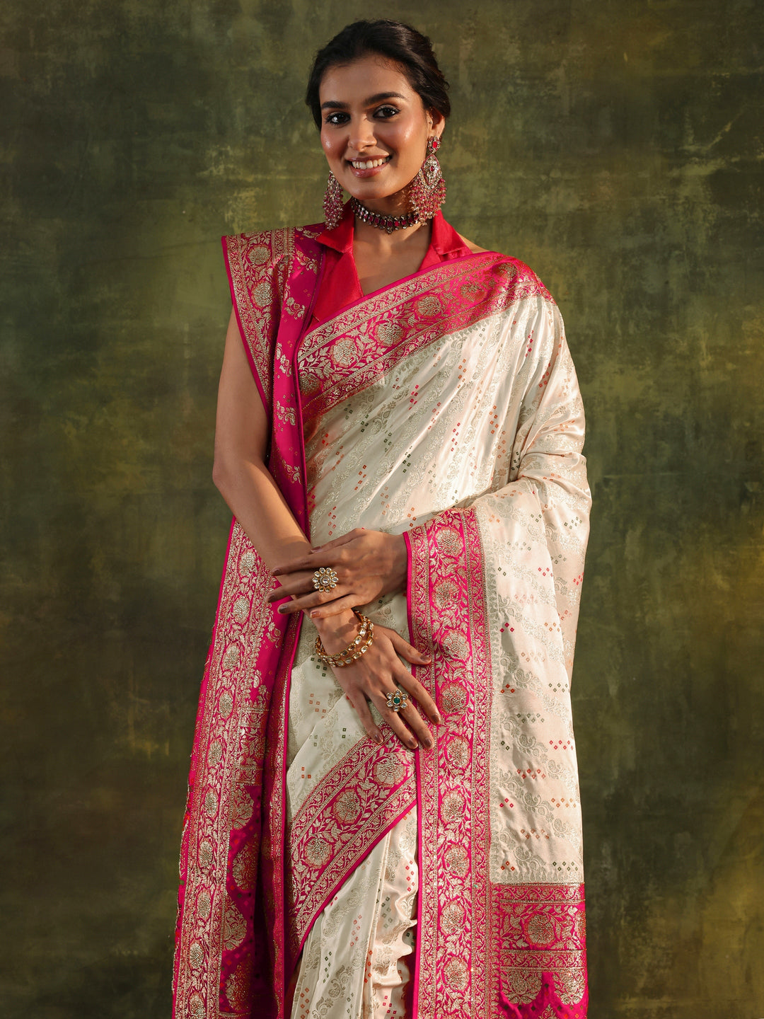  Libas Art Ivory Gharchola Satin Saree With Unstitched Blouse Piece 