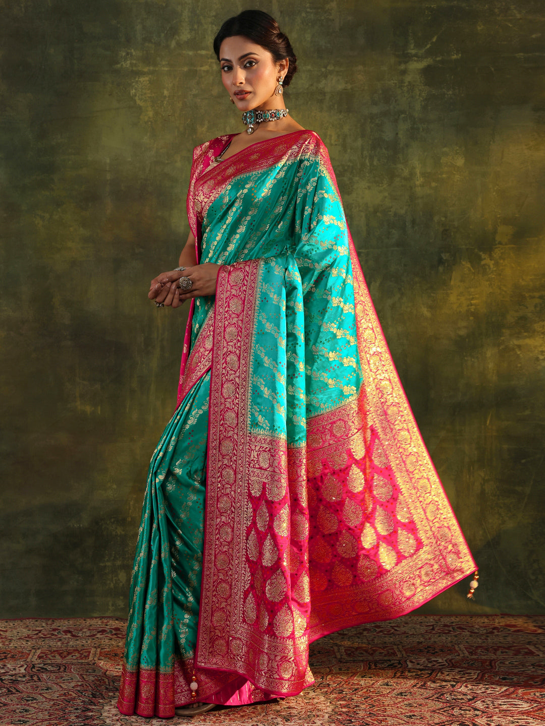  Libas Art Blue Banarasi Satin Saree With Unstitched Blouse Piece 