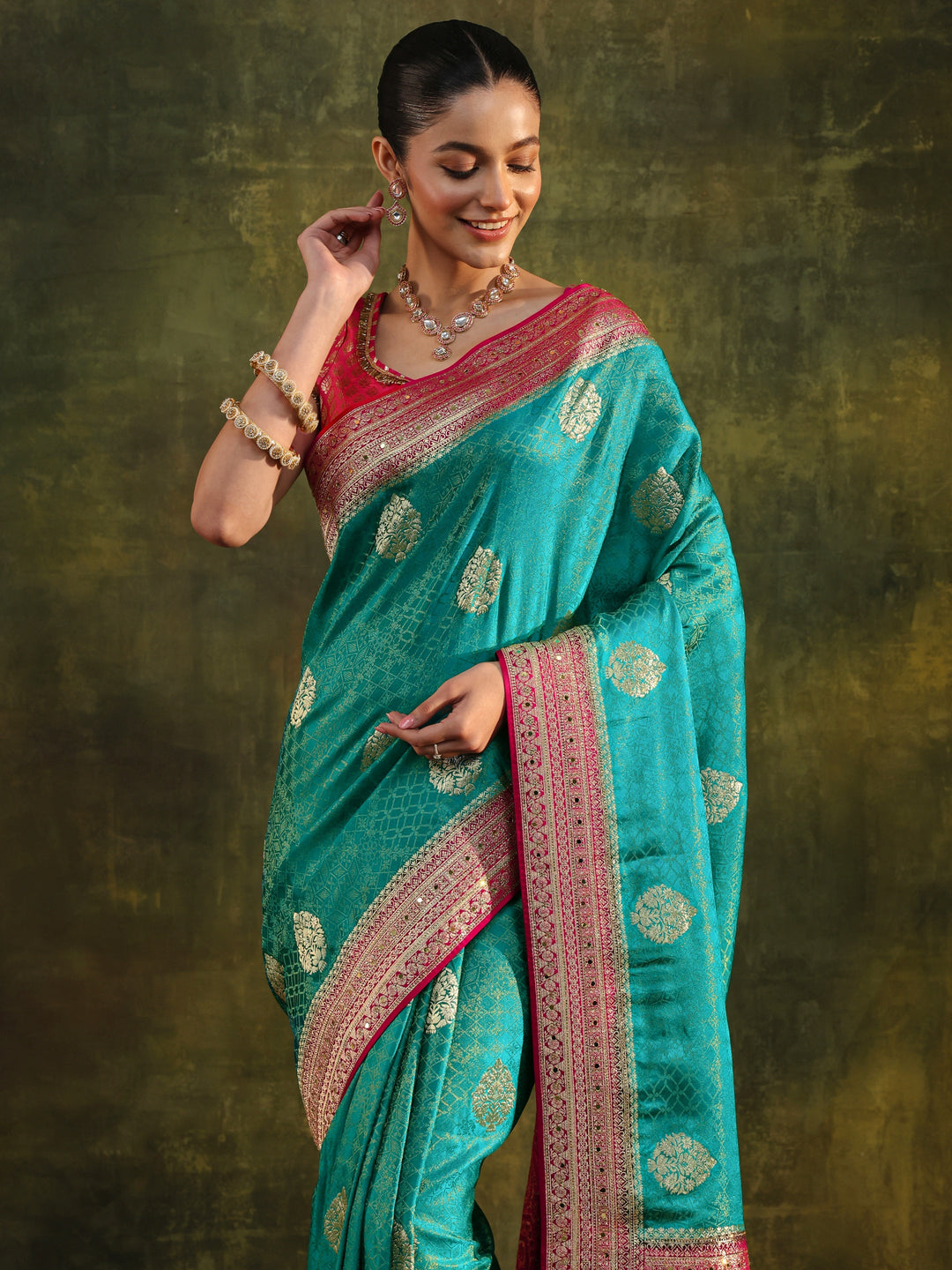  Libas Art Blue Woven Design Silk Blend Banarasi Saree With Unstitched Blouse Piece 