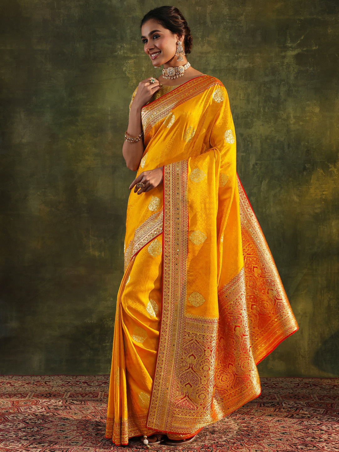  Libas Art Mustard Embellished  Silk Blend Saree With Unstitched Blouse Piece 