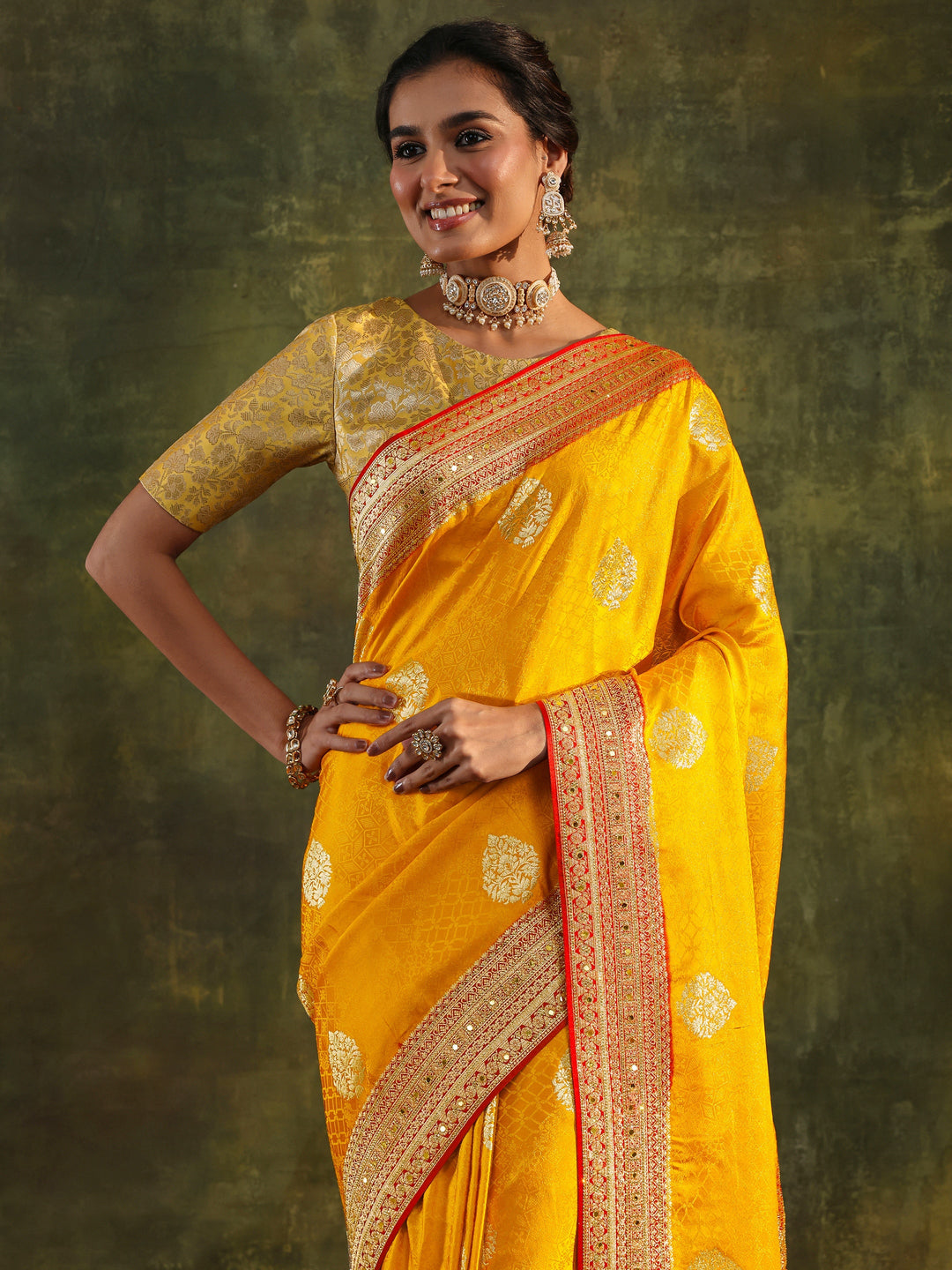  Libas Art Mustard Embellished  Silk Blend Saree With Unstitched Blouse Piece 