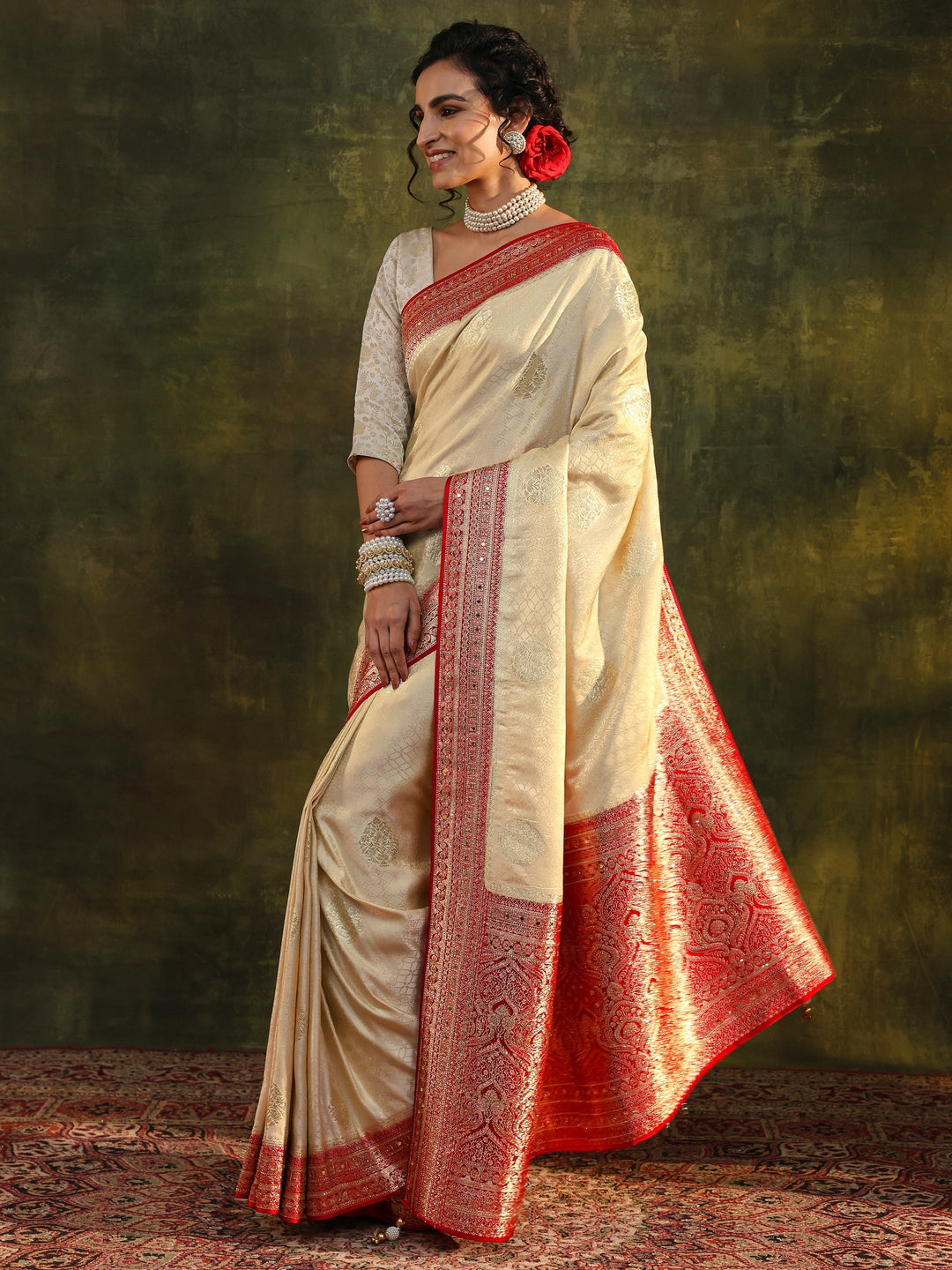  Libas Art Ivory Ethnic Woven Design Silk Blend Saree With Unstitched Blouse Piece 