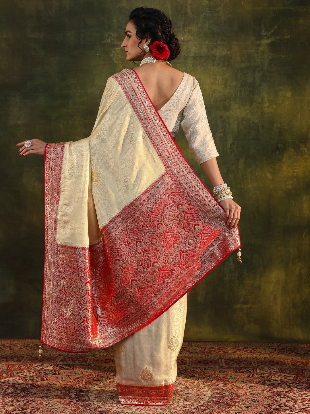  Libas Art Ivory Ethnic Woven Design Silk Blend Saree With Unstitched Blouse Piece 