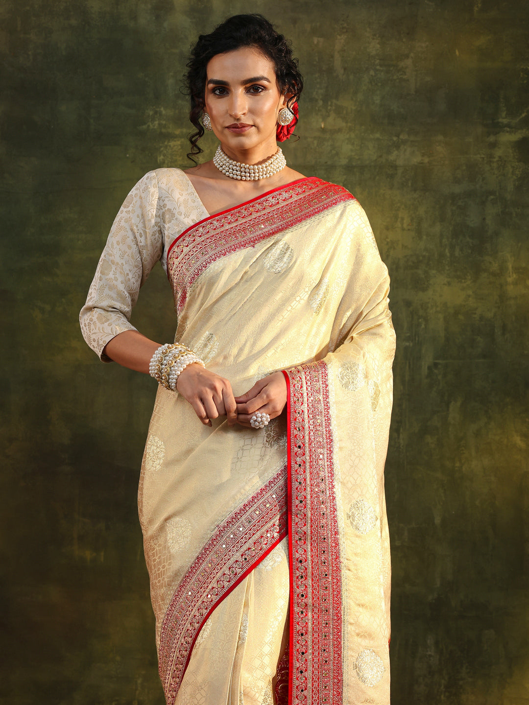  Libas Art Ivory Ethnic Woven Design Silk Blend Saree With Unstitched Blouse Piece 