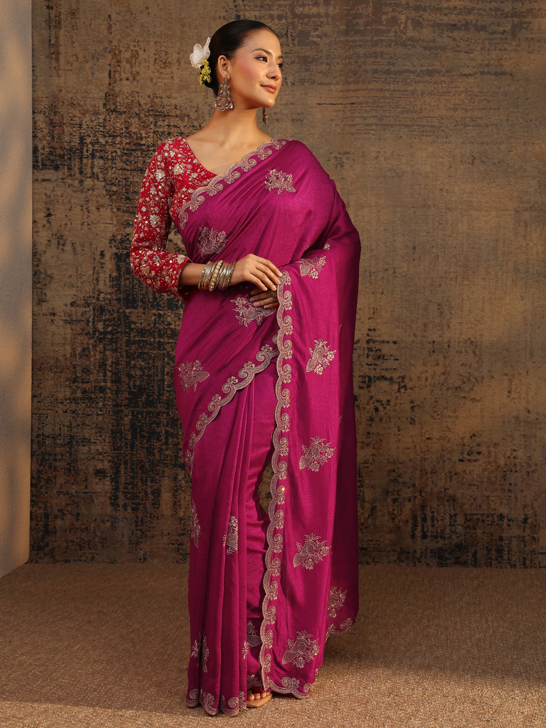  Pink Floral Embroidered Silk Blend Saree With Unstitched Blouse Piece 