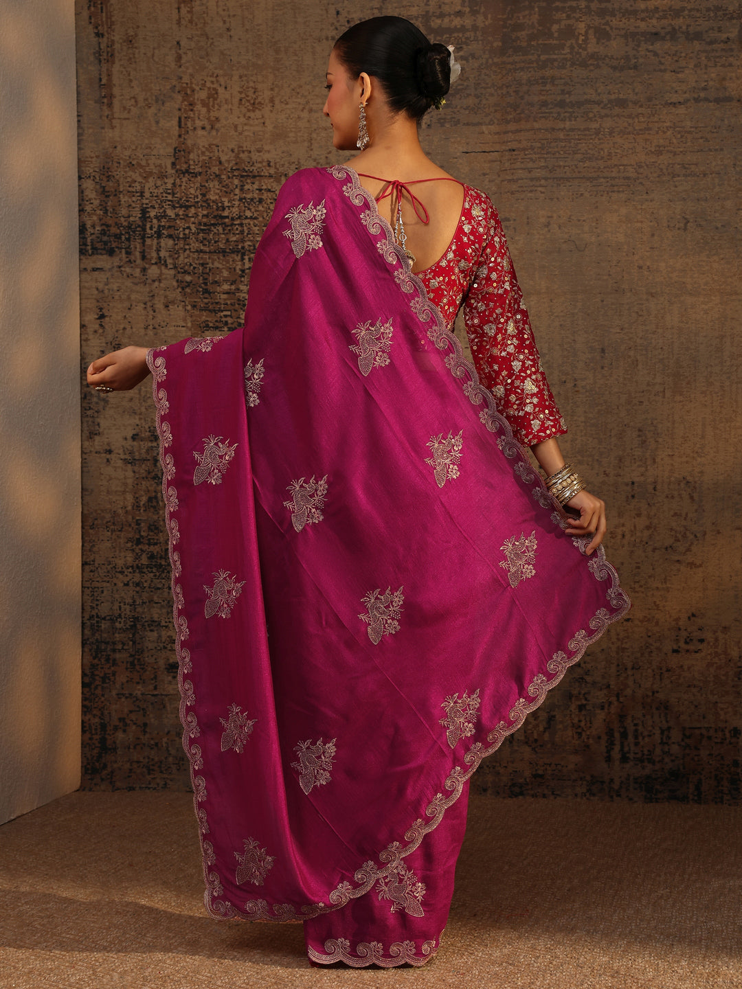  Pink Floral Embroidered Silk Blend Saree With Unstitched Blouse Piece 