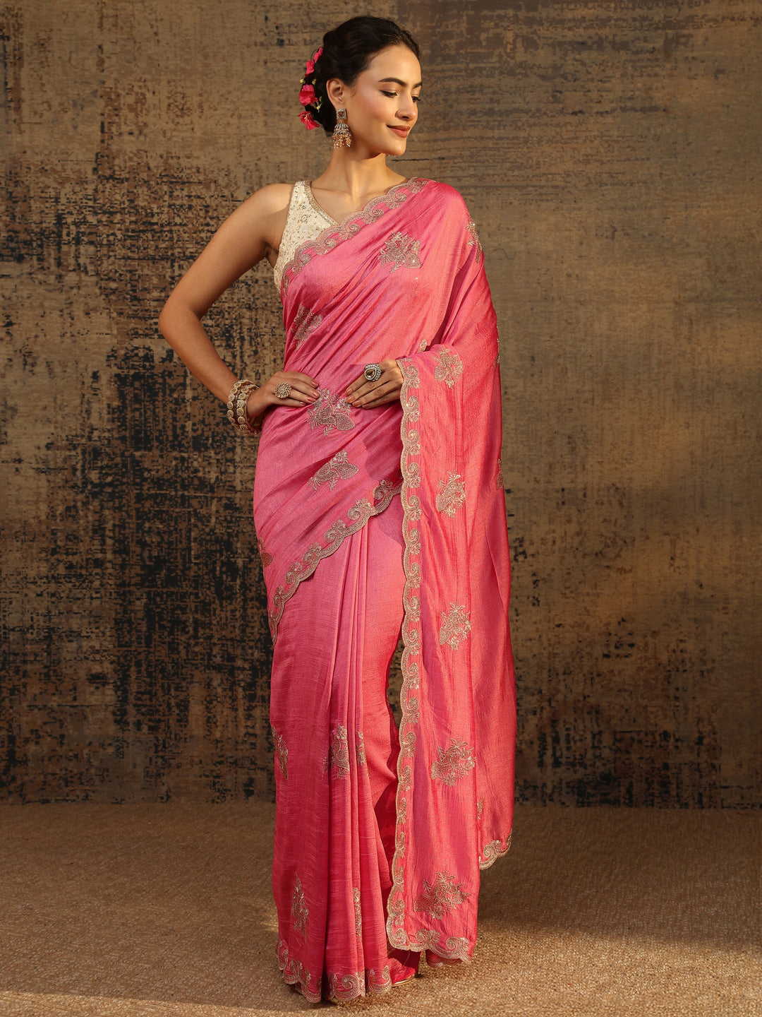  Coral Floral Embroidered Silk Blend Saree With Unstitched Blouse Piece 