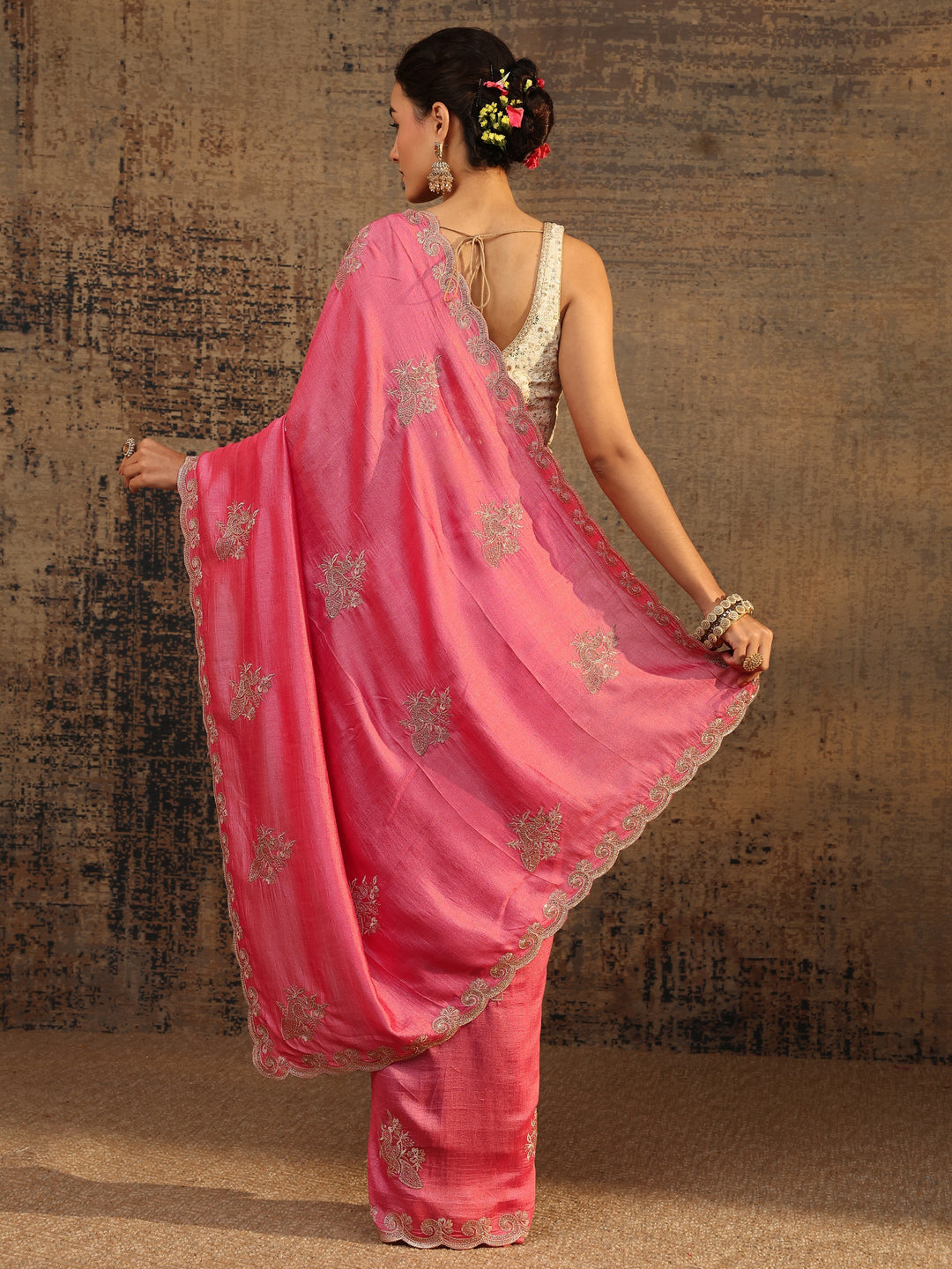  Coral Floral Embroidered Silk Blend Saree With Unstitched Blouse Piece 